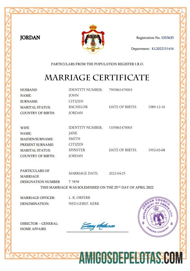 Realista modelo Word e PDF de certidão de casamento na Jordânia